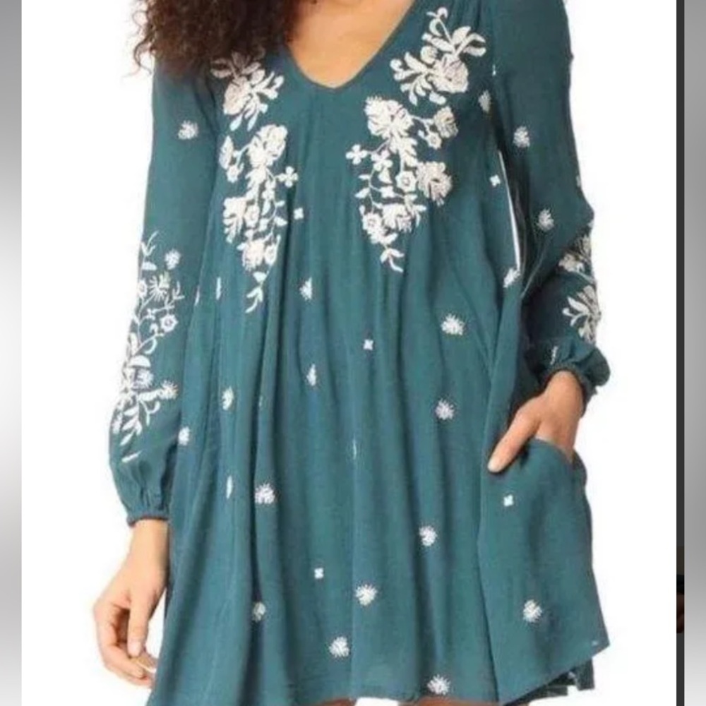 Free People teal embroidered floral boho tunic‎ dress